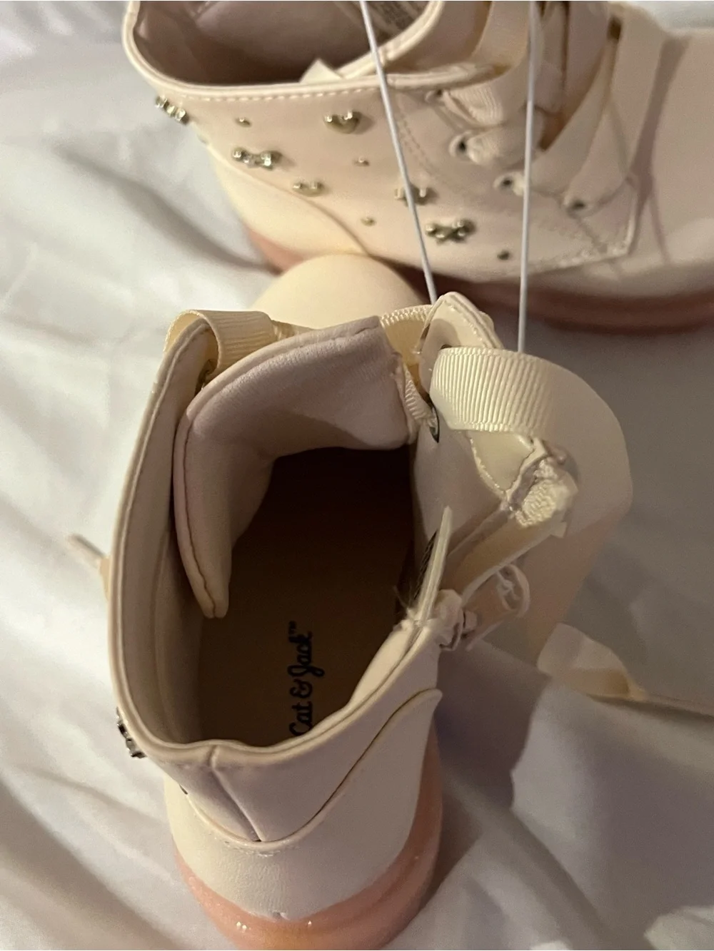 Girls Cream Pink Lace-Up Ankle Boots with Heart & Bow Studs